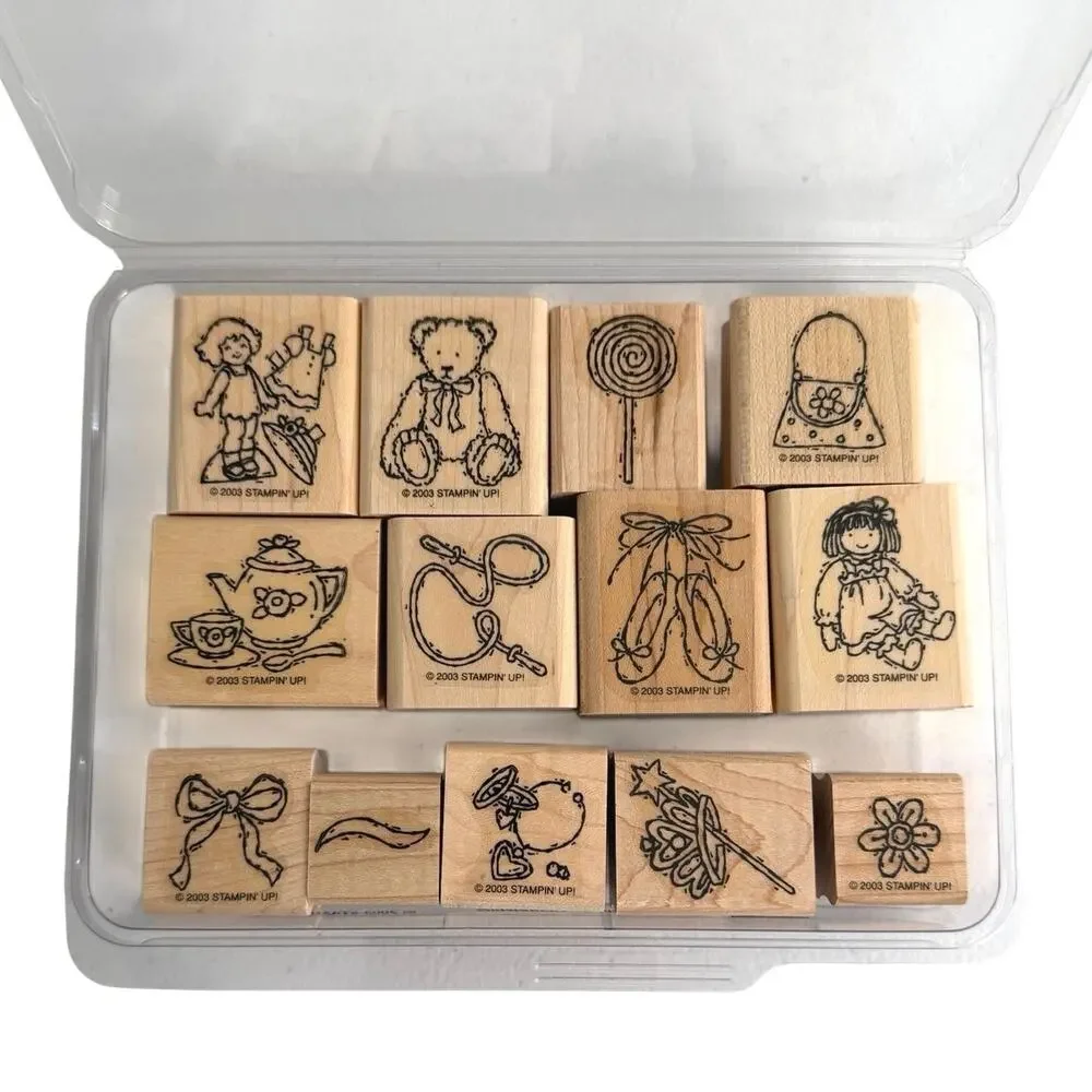 Stampin’ up set of 13 wooden rubber stamps Please”button, bows and twinkle toes”